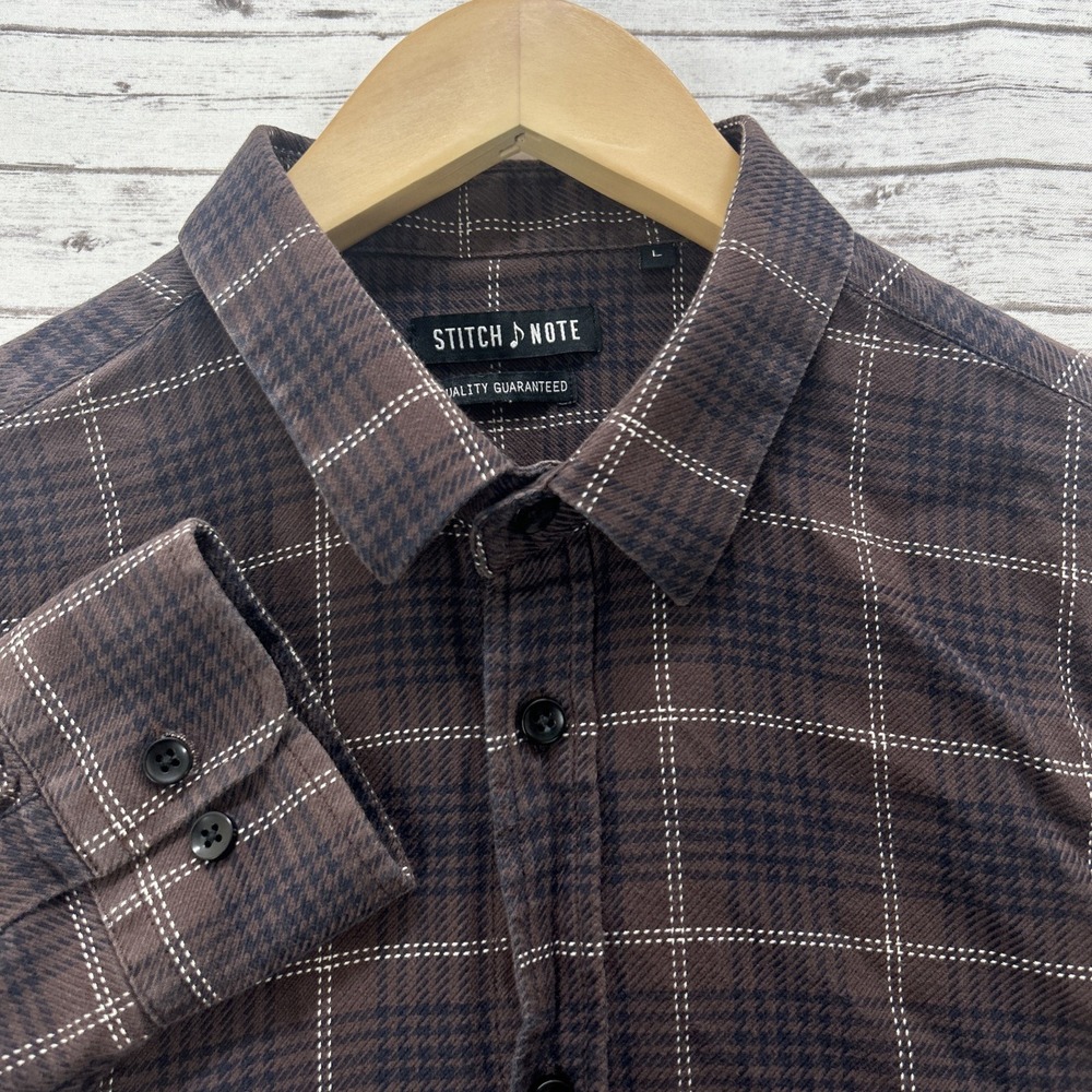 Stitch Note Men's Casual Brown Plaid Flannel Shirt Size Large Cotton